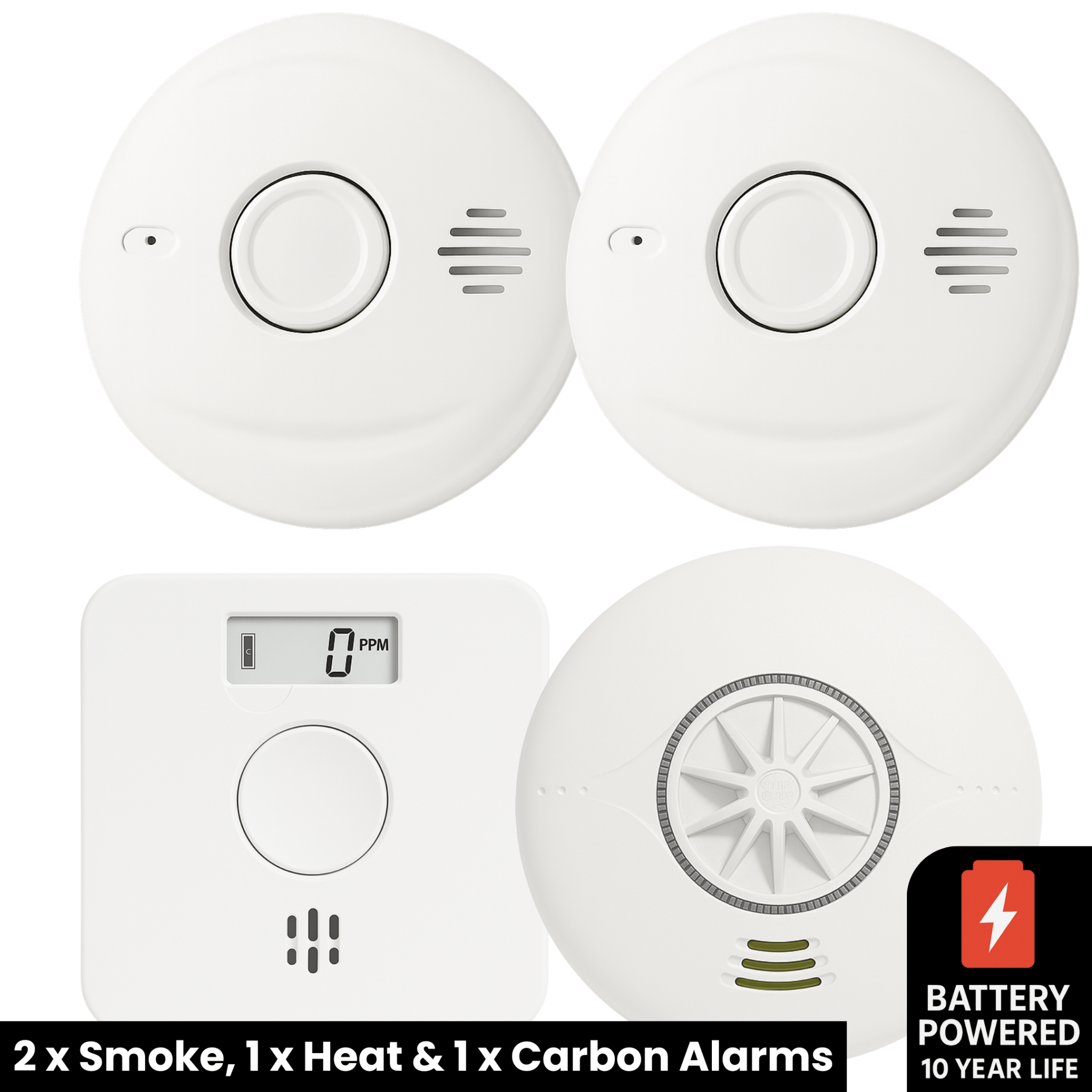 Battery Powered Interlinked 2 Smoke Alarms, 1 Heat Alarm & 1 Carbon Monoxide Alarm Kit - For Small Homes With Gas Boiler - AlertX - AlertX