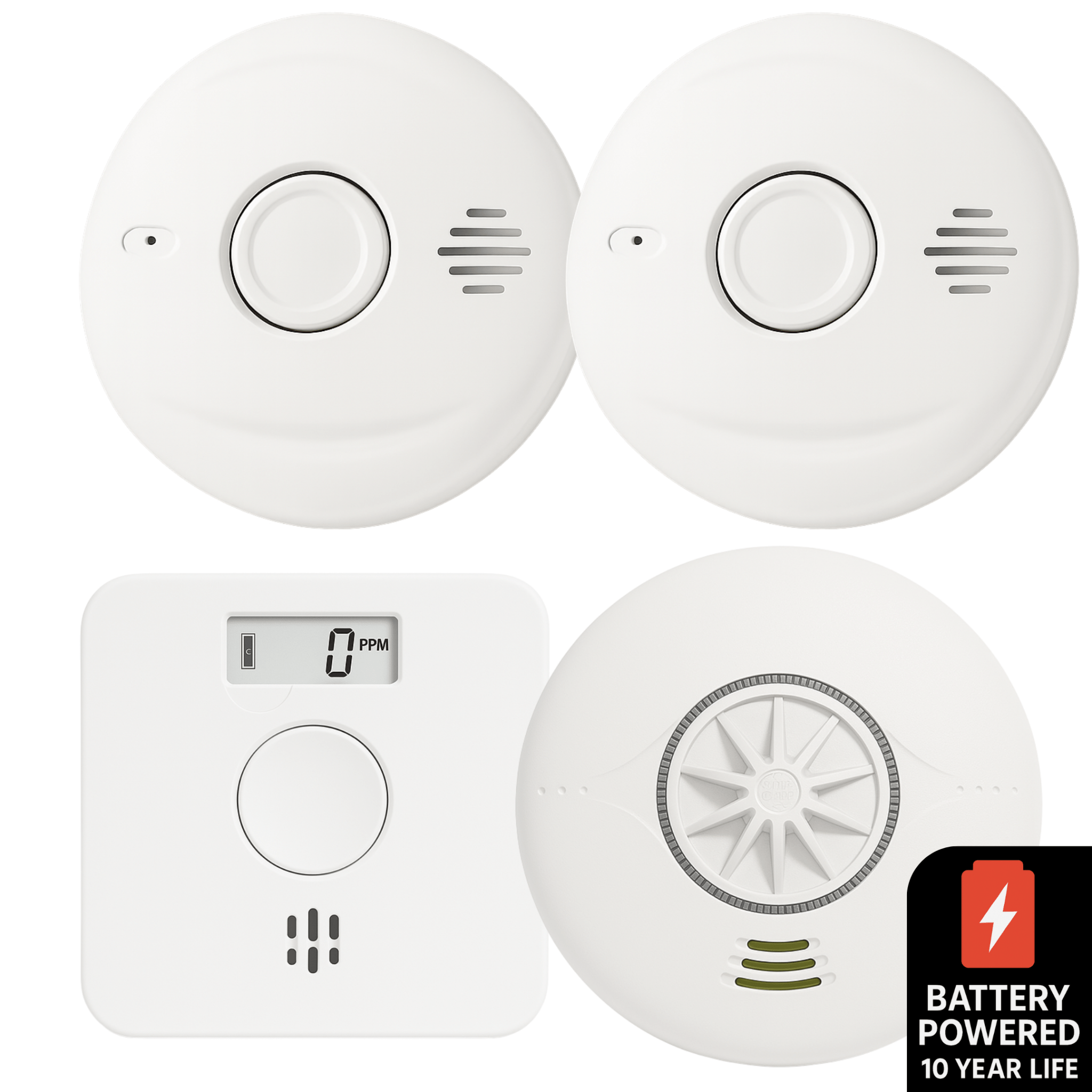 Battery Powered Interlinked 2 Smoke Alarms, 1 Heat Alarm & 1 Carbon Monoxide Alarm Kit - For Small Homes With Gas Boiler - AlertX - AlertX