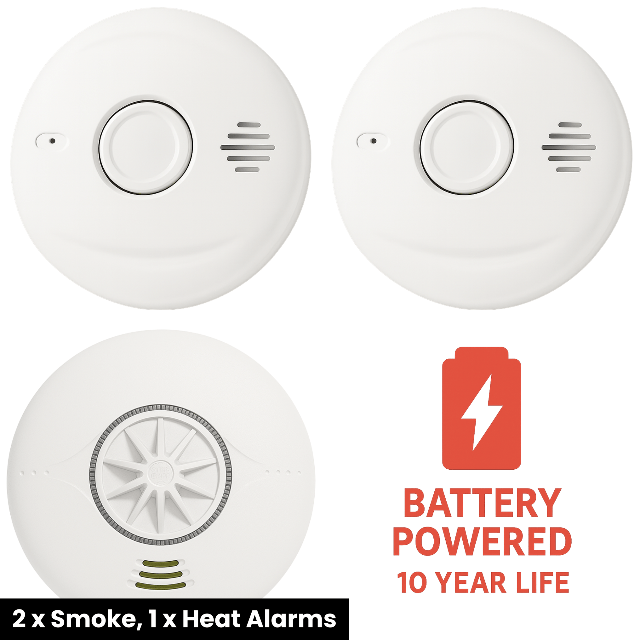 Battery Powered Interlinked 2 Smoke Alarms & 1 Heat Alarm Kit - For Small Homes - AlertX - AlertX
