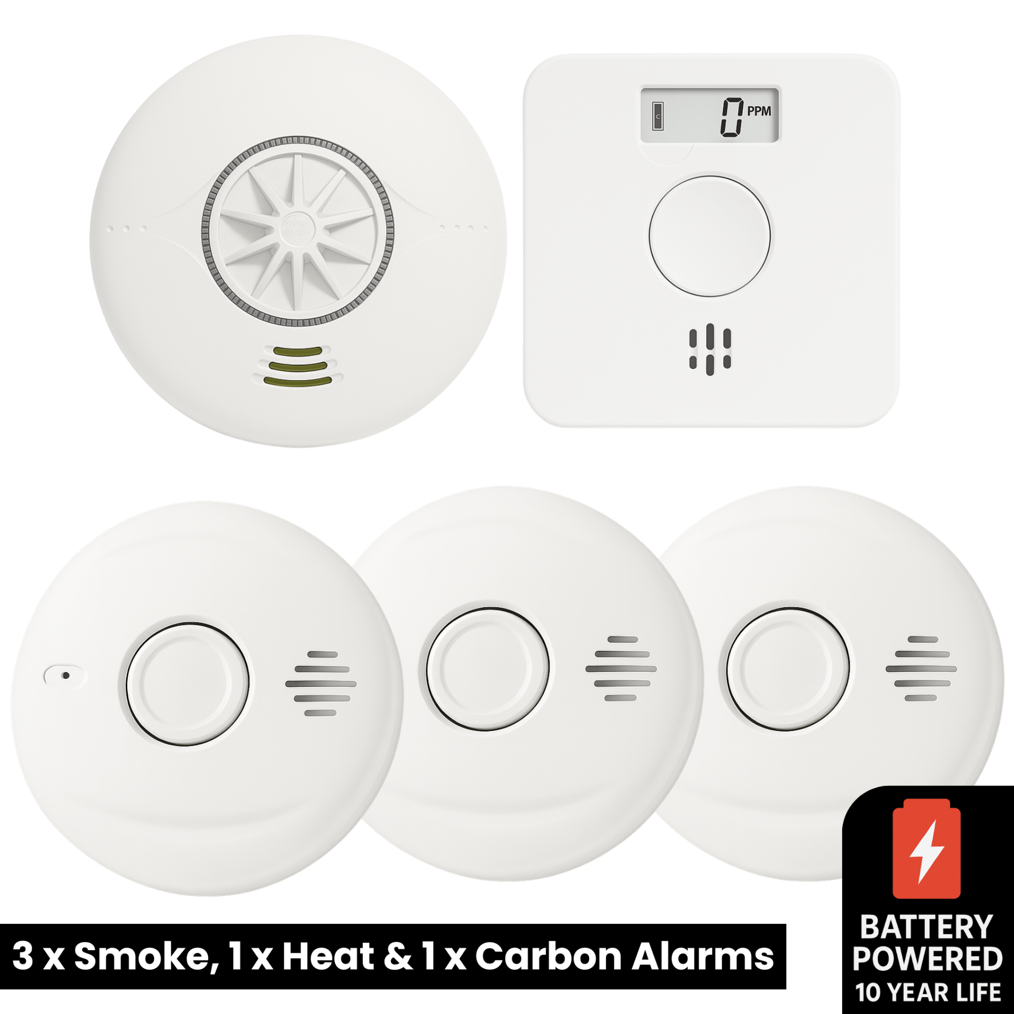 Battery Powered Interlinked 3 Smoke Alarms, 1 Heat Alarm + 1 CO Alarm Kit - For Medium Homes With Gas Boiler - AlertX - AlertX
