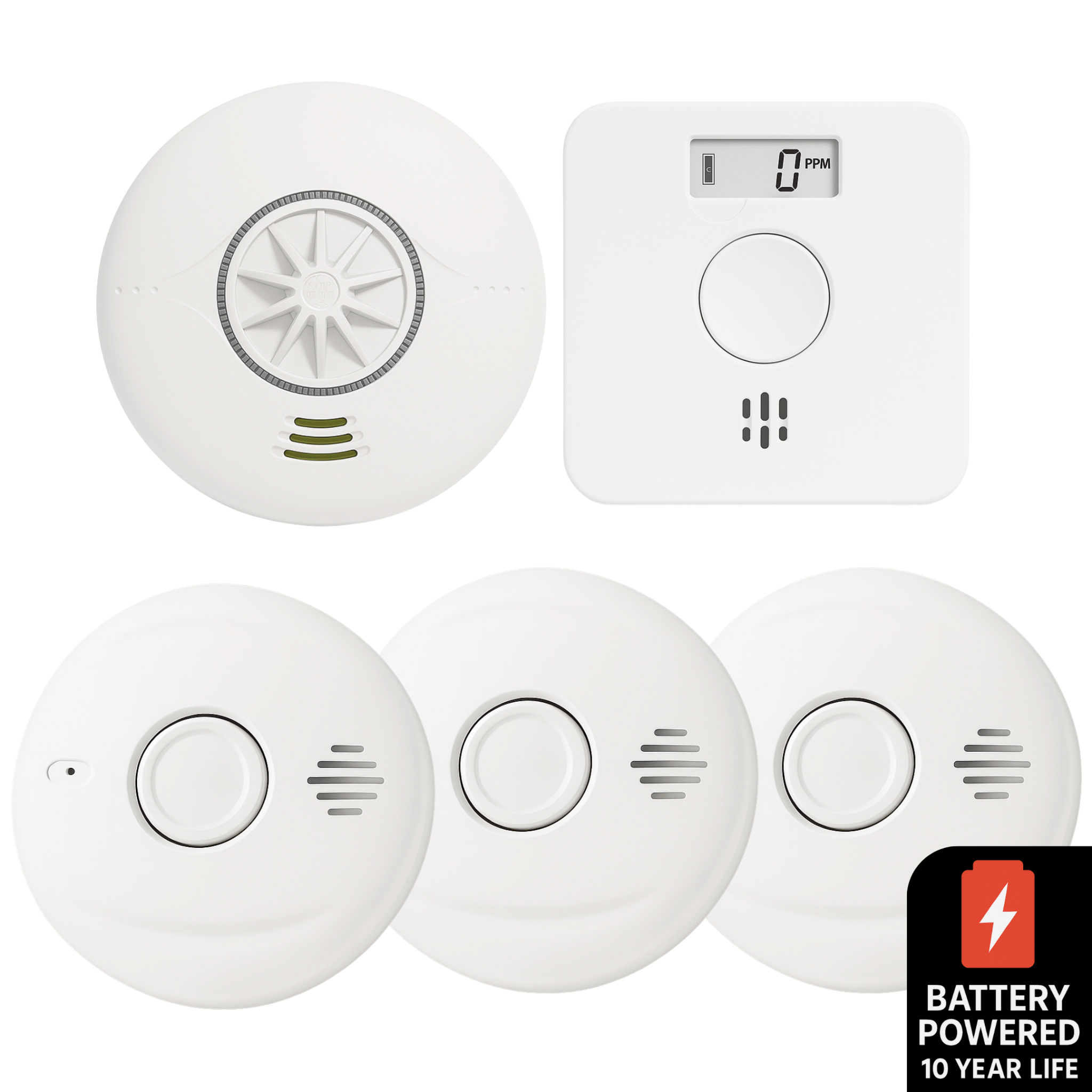 Battery Powered Interlinked 3 Smoke Alarms, 1 Heat Alarm + 1 CO Alarm Kit - For Medium Homes With Gas Boiler - AlertX - AlertX