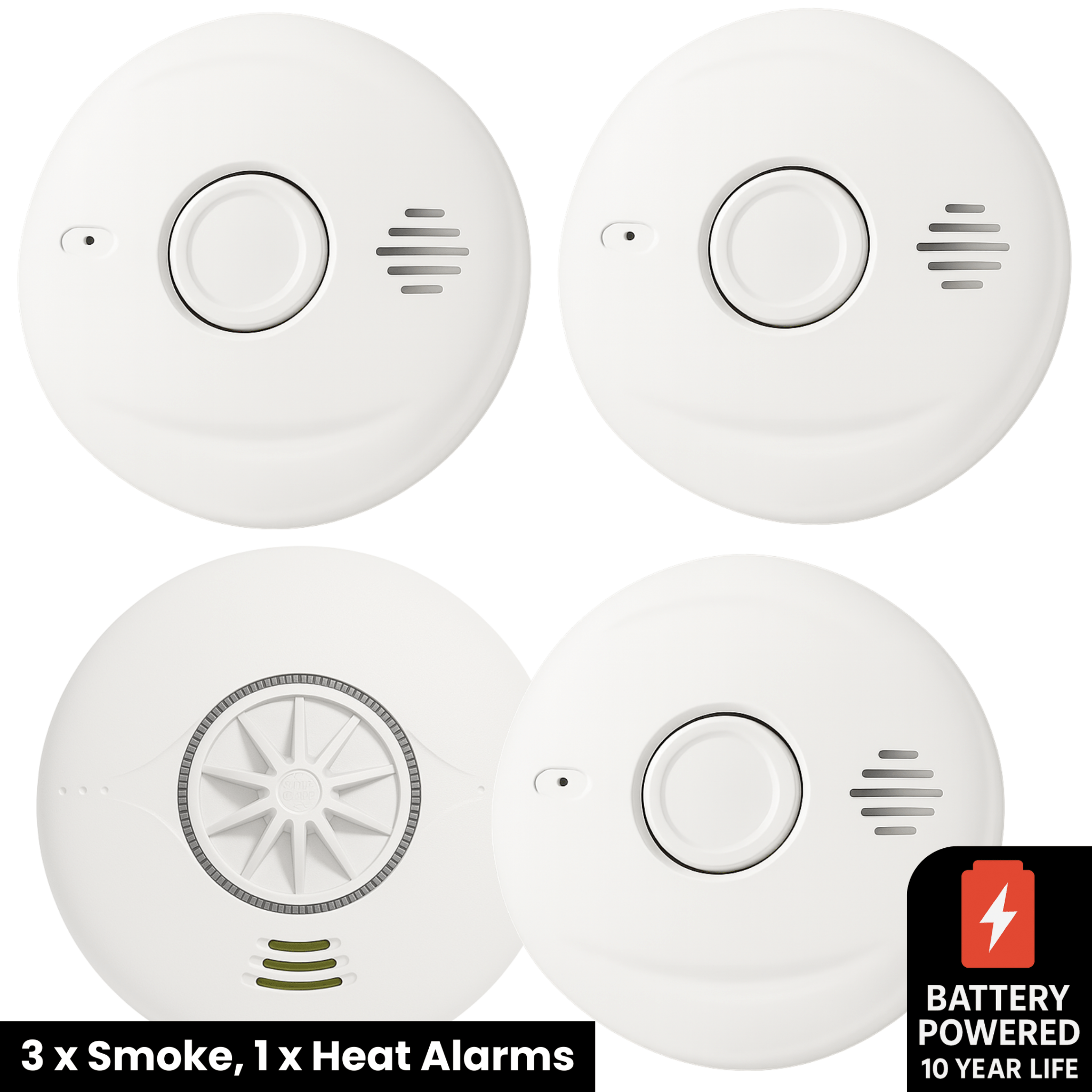 Battery Powered Interlinked 3 Smoke Alarms & 1 Heat Alarm Kit - For Medium Homes - AlertX - AlertX