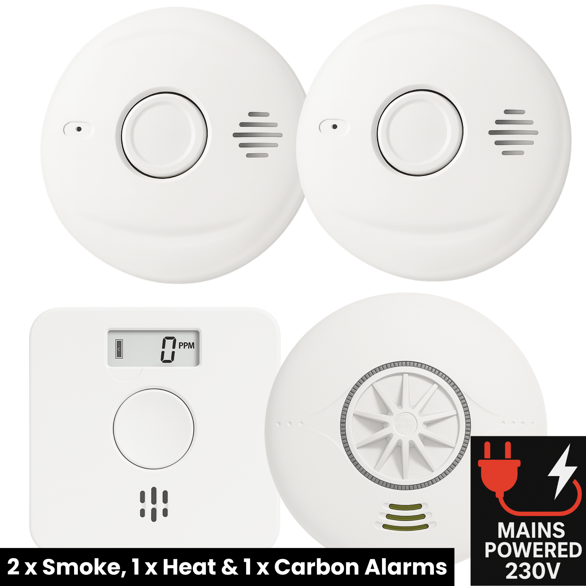 Mains Powered Interlinked 2 Smoke Alarms, 1 Heat Alarm & 1 Carbon Monoxide Alarm Kit with Battery Backup - AlertX - AlertX