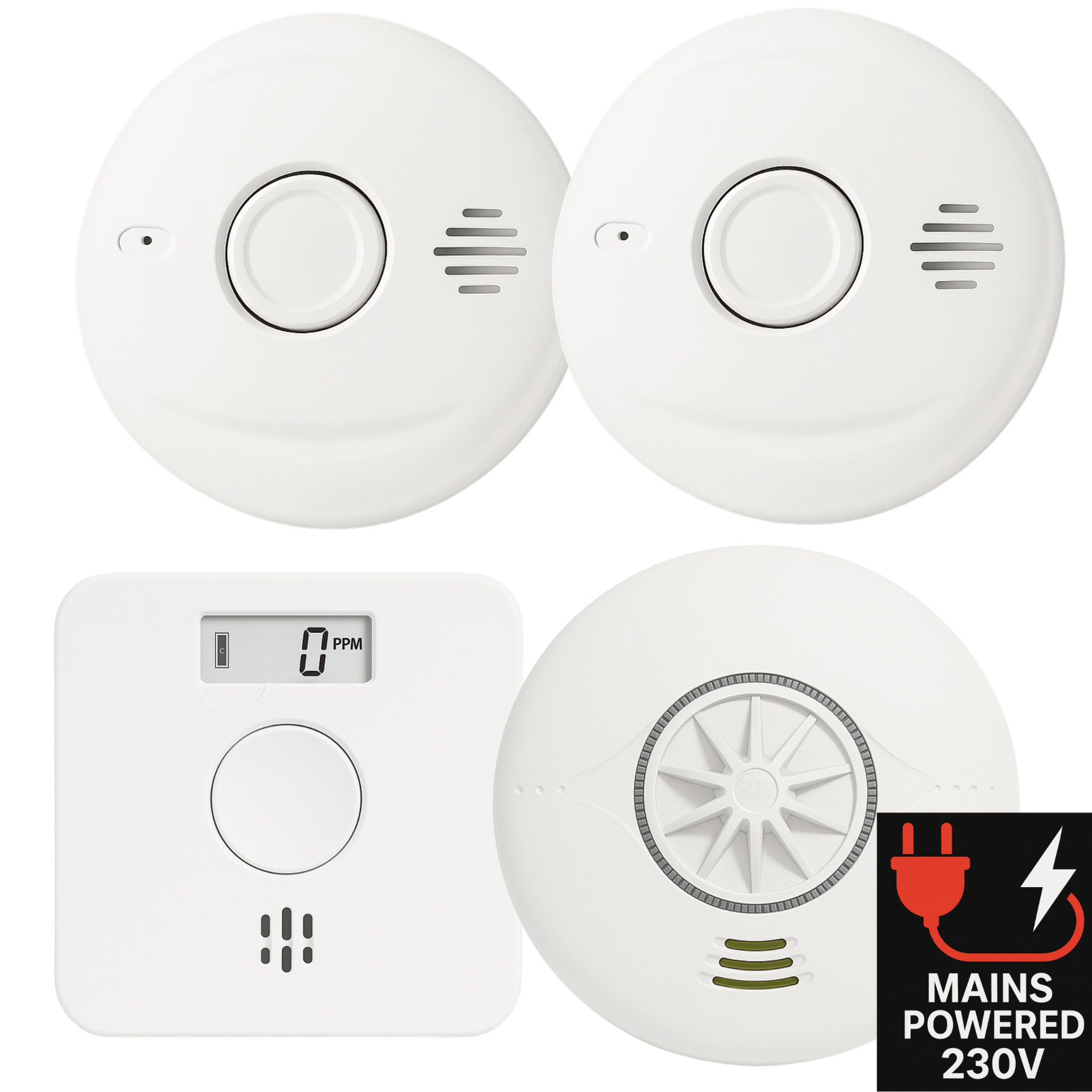 Mains Powered Interlinked 2 Smoke Alarms, 1 Heat Alarm & 1 Carbon Monoxide Alarm Kit with Battery Backup - AlertX - AlertX