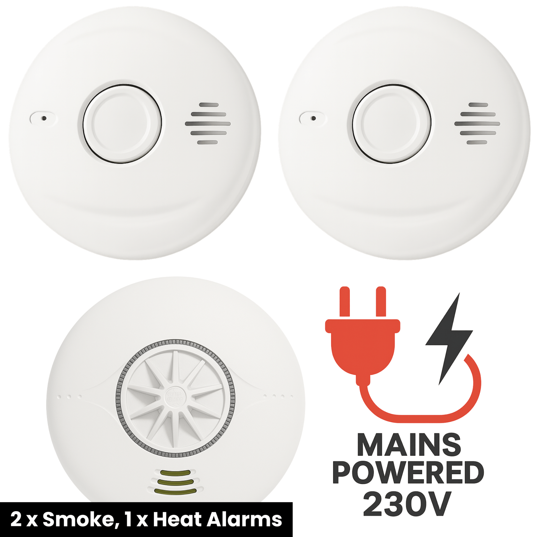 Mains Powered Interlinked 2 Smoke Alarms & 1 Heat Alarm Kit with Battery Backup - AlertX - AlertX