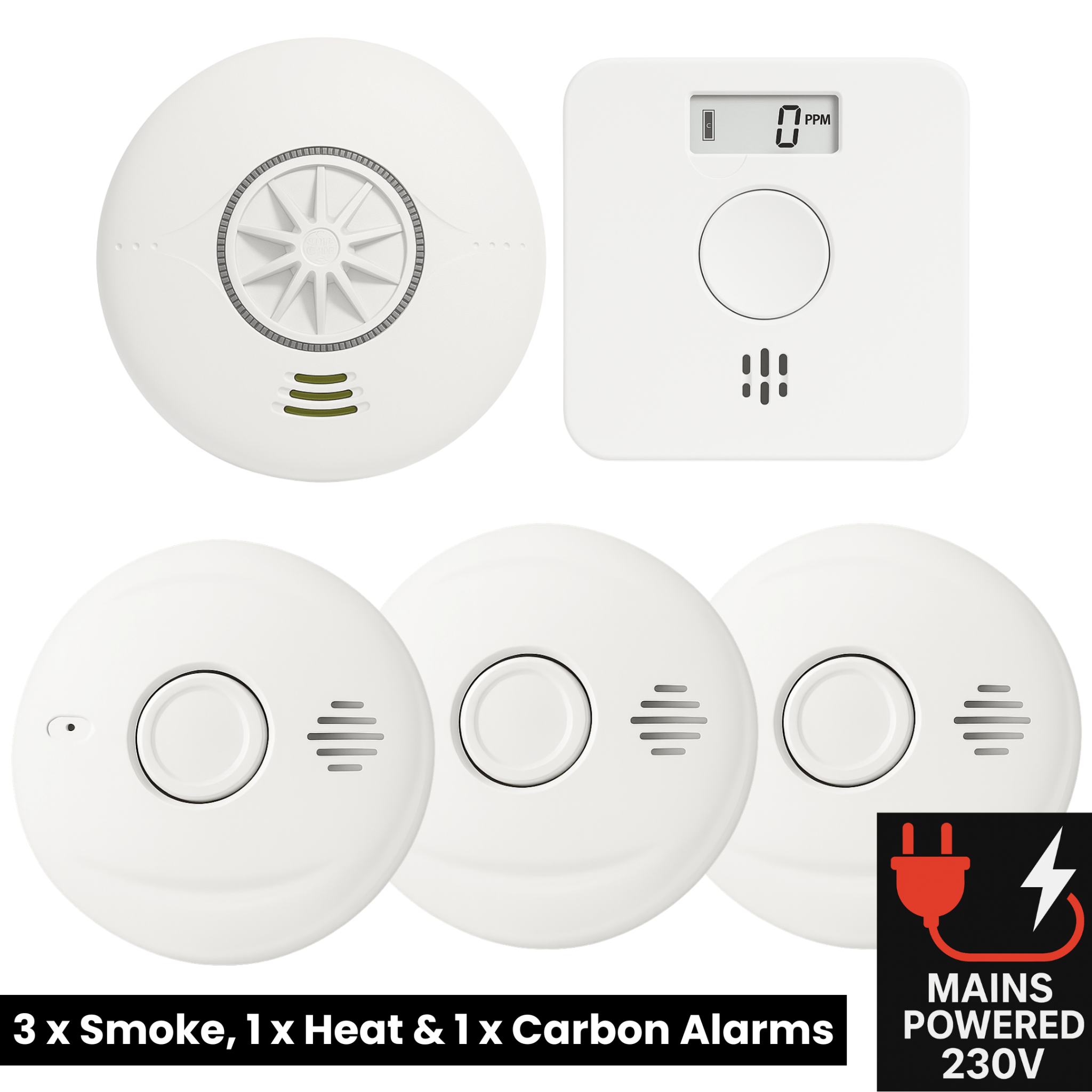 Mains Powered Interlinked 3 Smoke Alarms, 1 Heat Alarm + 1 CO Alarm Kit with Battery Backup - AlertX - AlertX