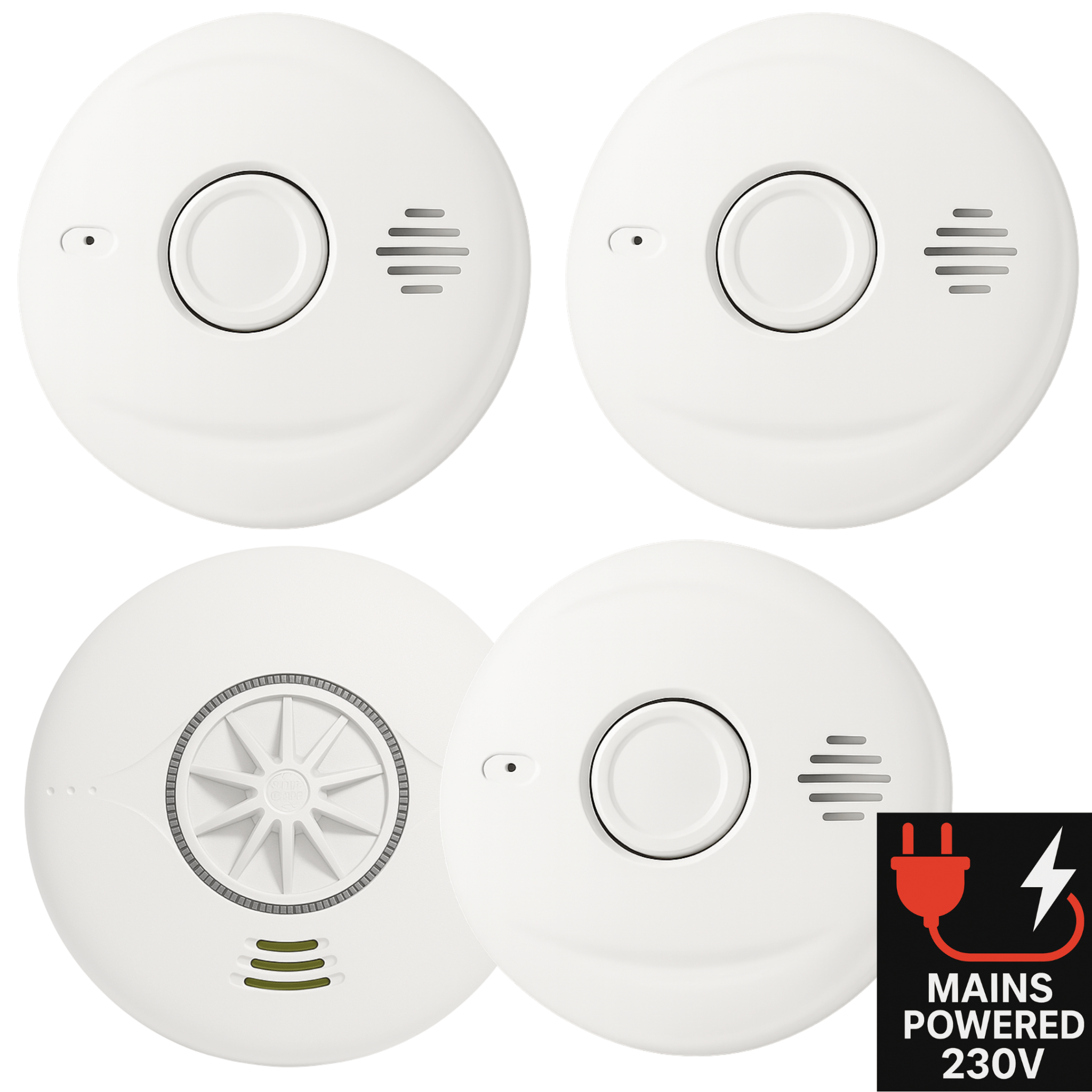 Mains Powered Interlinked 3 Smoke Alarms, 1 Heat Alarm + 1 CO Alarm Kit with Battery Backup - AlertX - AlertX