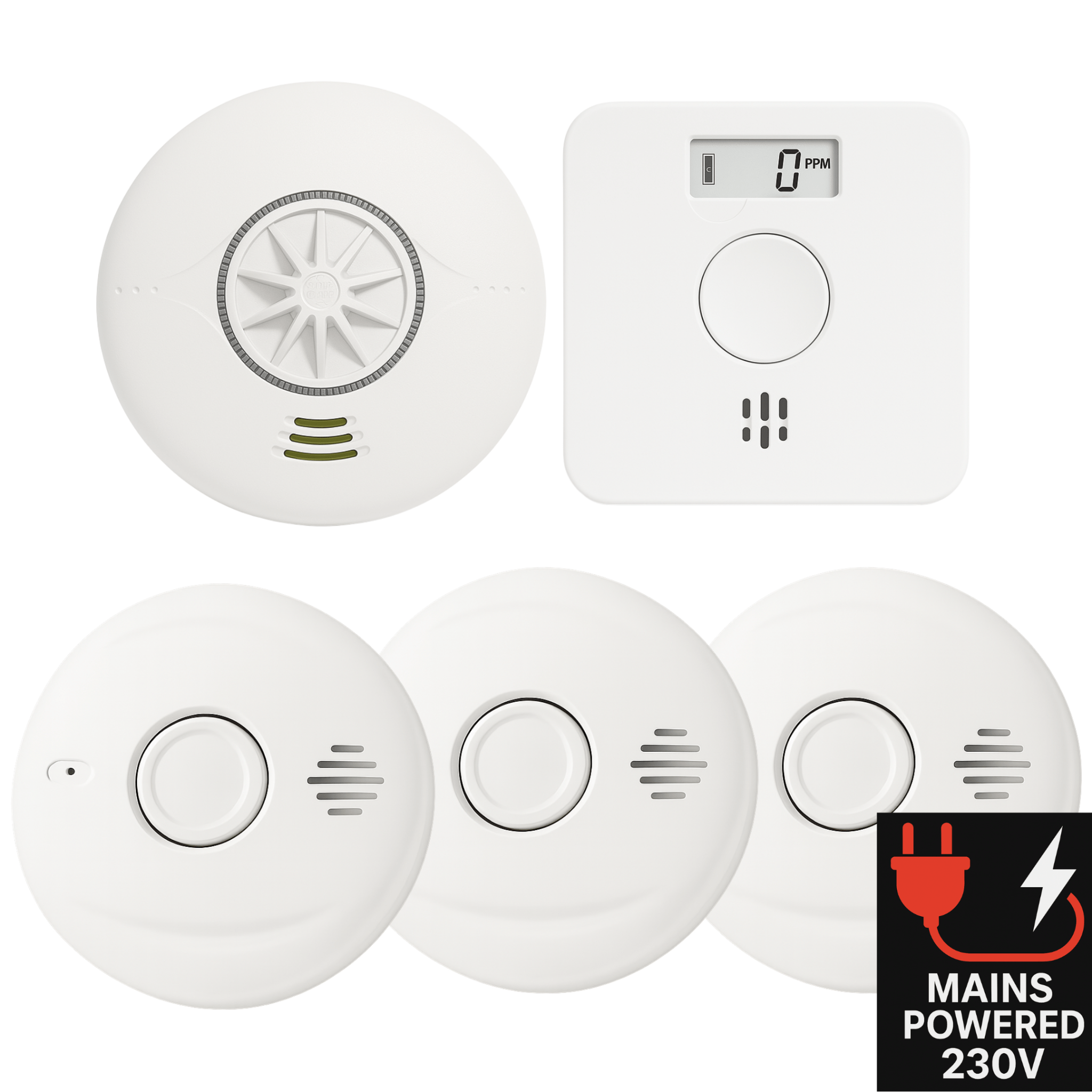 Mains Powered Interlinked 3 Smoke Alarms, 1 Heat Alarm + 1 CO Alarm Kit with Battery Backup - AlertX - AlertX