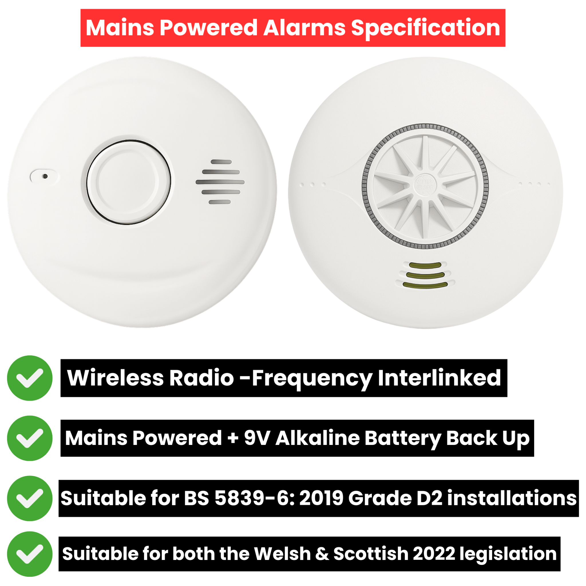 Mains Powered Interlinked 3 Smoke Alarms, 1 Heat Alarm + 1 CO Alarm Kit with Battery Backup - AlertX - AlertX